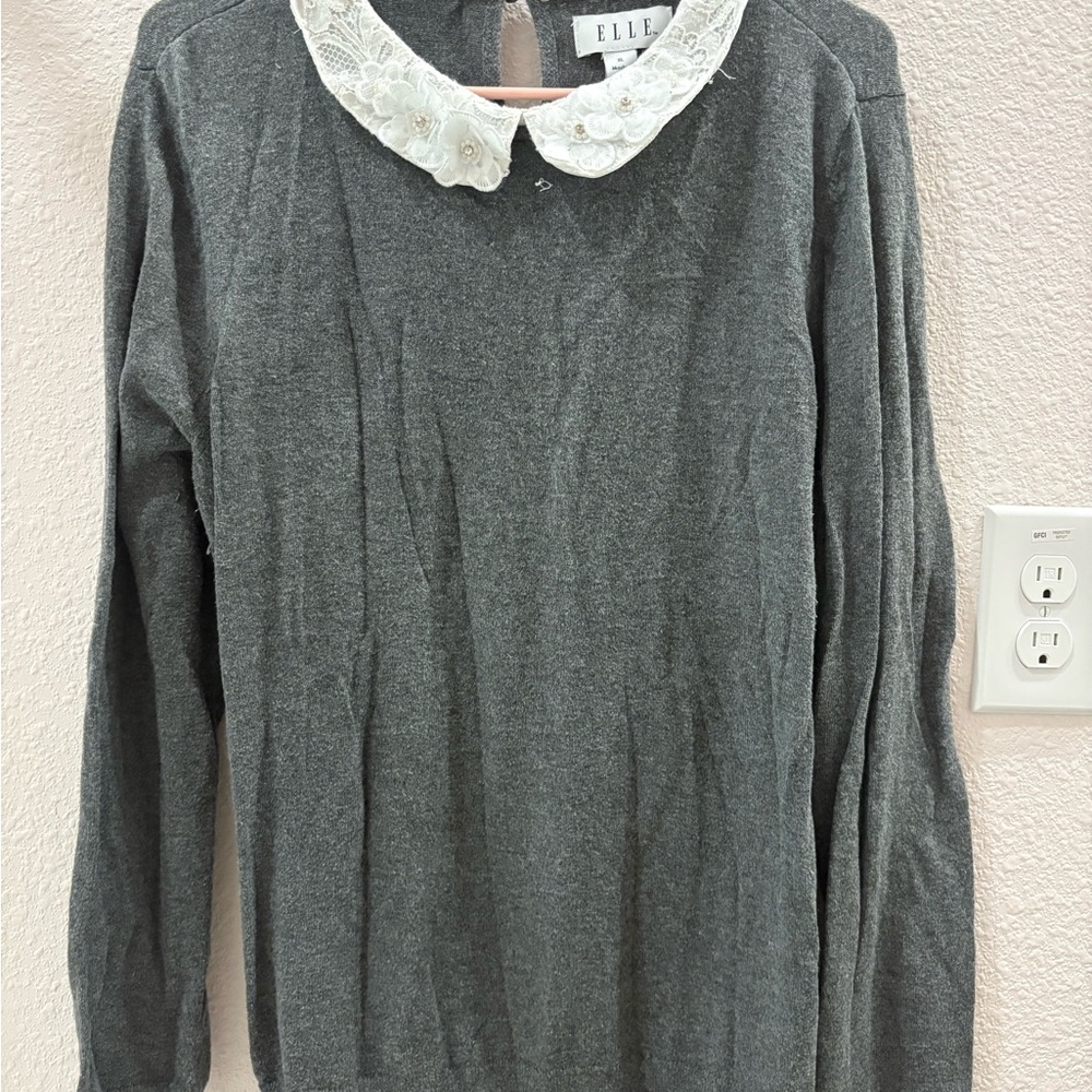 Elle Charcoal Sweater with Ivory Lace Detail